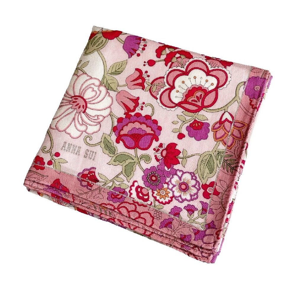 Anna Sui Pink Floral Cotton Scarf 22” Square Metallic Thread Boho Romantic - Picture 3 of 14